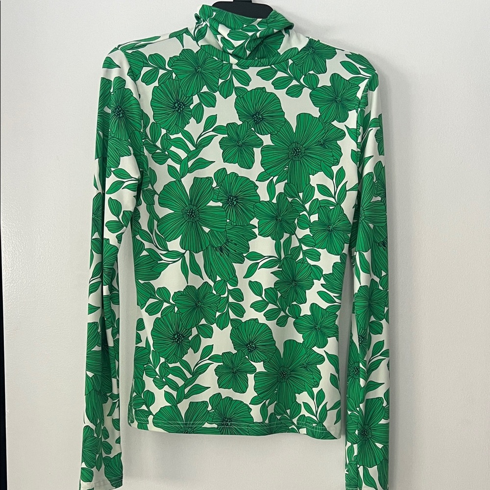 J. Crew Green Floral Long Sleeve Turtleneck Top